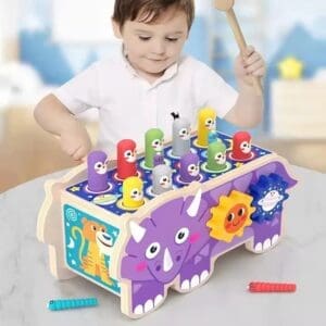 WOODEN DINO KNOCKING TOY WITH HAMMER
