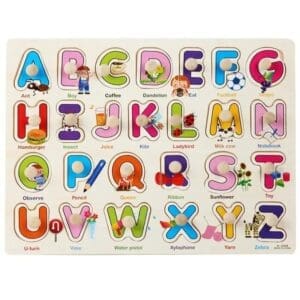 WOODEN UPPER CASE ABC PUZZLE, WORDS WITH KNOBS