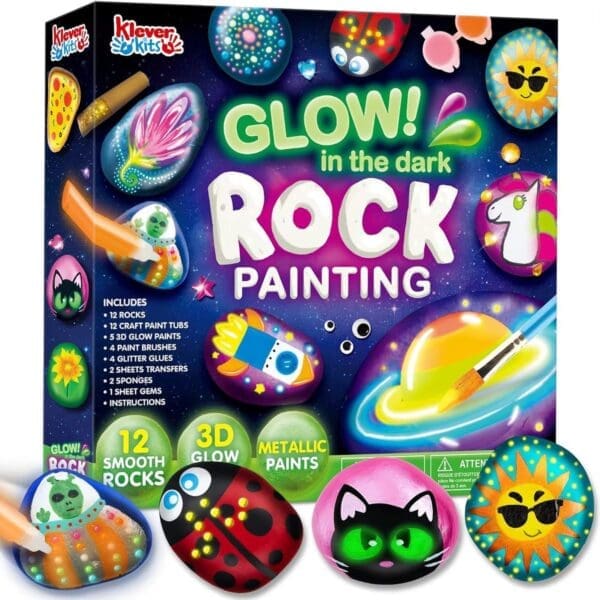 12 Rock Painting Kit- Glow In The Dark, 43 Pcs Arts And Crafts For Kids - Image 1